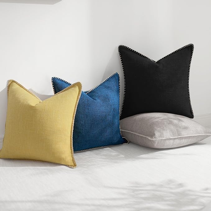 decorUhome Decorative Outdoor Throw Pillow Covers 26x26 Set of 2, Square Linen Rustic Neutral Farmhouse Euro Pillow Covers with Stitched Edge for Couch, Sofa, Living Room, Dark Blue