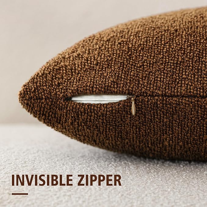 Foindtower Pack of 2 Textured Boucle Throw Pillow Covers Accent Solid Pillow Cases Cozy Soft Decorative Couch Cushion Case for Chair Sofa Bedroom Living Room Home Decor 18x18 Inch Hazel Brown