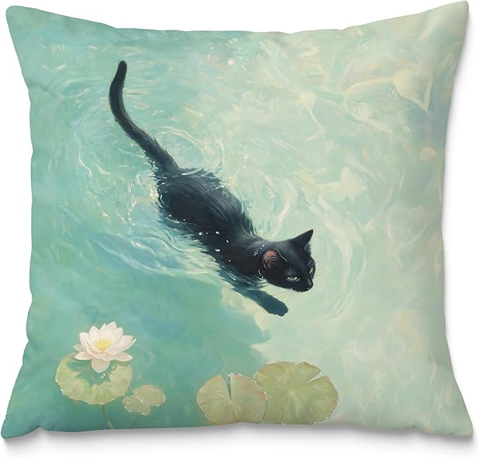 Black Cat Art Painting Throw Pillow Covers 18x18, Aesthetic Cats Decor Pillow Covers for Room Bedroom, Elegant Swimming, Black Cat Decor, Cats Lovers Lady Mom Grandma Gifts