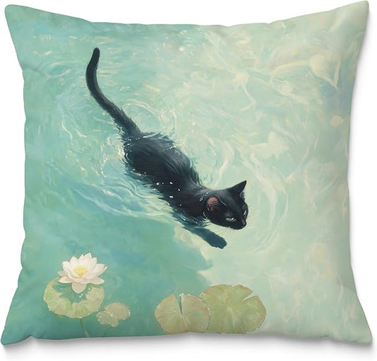 Black Cat Art Painting Throw Pillow Covers 18x18, Aesthetic Cats Decor Pillow Covers for Room Bedroom, Elegant Swimming, Black Cat Decor, Cats Lovers Lady Mom Grandma Gifts