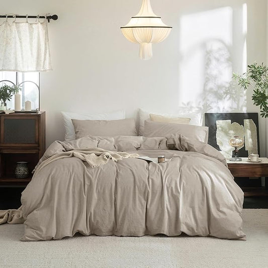 FOSSA Duvet Cover Set 100% Washed Cotton Linen Feel Super Soft Breathable Cozy 3 Pieces Bedding Sets Solid Tannish Linen Grey Queen
