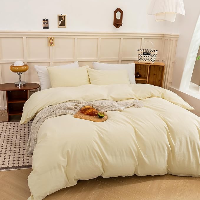 ECOCOTT Duvet Cover Set, 100% Washed Cotton Linen-Like Textured Soft & Breathable, Durable Comfy Bedding Set for All Seasons (Light Yellow, Queen)