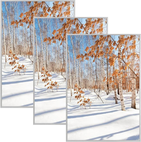 Golden State Art, 13x19 Aluminum Picture Frame, Silver Metal Thin Poster Frames for 13 x 19 inch Photo, Acrylic Front, Wall Hook for Horizontal or Vertical Display, 3 Pack