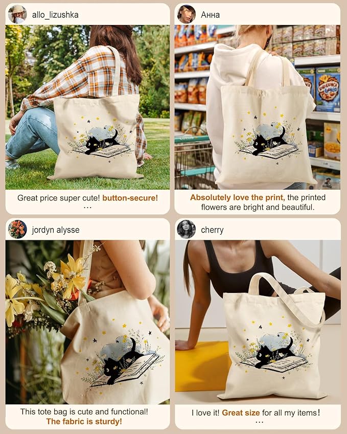 Canvas Tote Bag for Women – Aesthetic Canvas Bag with Zipper Cute Stylish Reusable Shoulder Totes for Shopping Work Daily Vacation, Cat Read
