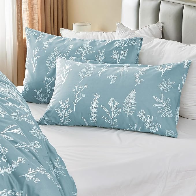 MUXHOMO Duvet Cover King Size, Reversible Floral Mineral Blue Duvet Cover Set with Zipper Closure, 3 Pieces Botanical Patterns Soft Microfiber Bedding Set (90"x104", 2 Pillow Cases 20"×36")