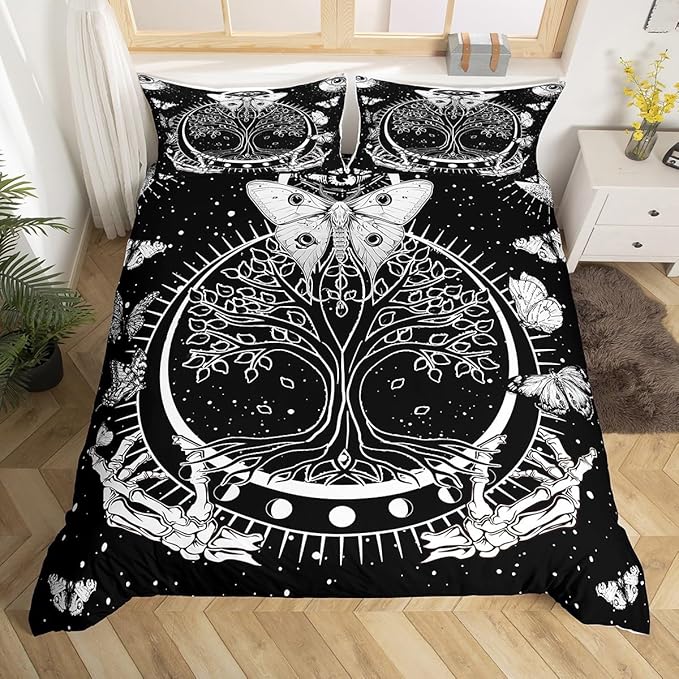 Tree and Moth Bedding Set Twin,Gothic Moth Butterfly Duvet Cover with 1 Pillow Sham Comforter Cover for Kids Boys,Stars Sun Moon Skull Skeleton Constellation Quilt Cover Set Decorative 2 Pcs
