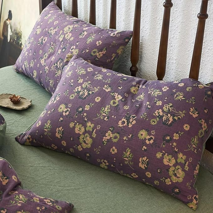 mixinni Vintage Floral Duvet Cover Queen Set - Purple & Green Reversible Jacquard, 100% Yarn-Dyed Double-Layer Cotton, Breathable Luxury Bedding (3-Piece, Includes 2 Pillowcases) Farmhouse & Bohemian