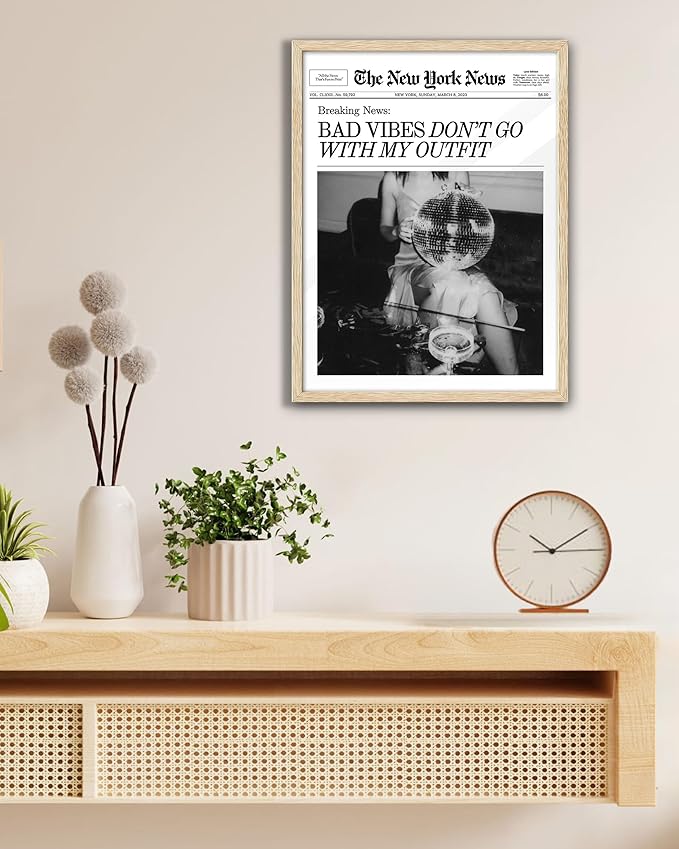EcoHest Unframed Trendy Newspaper Magazine Wall Art, 12x16 in Bad Vibes Don't Go With My Outfit Disco Bar Canvas Wall Art, Preppy Retro Home Decor For Bedroom Living Room 1Pack