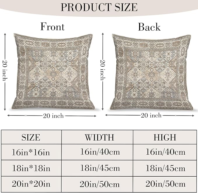 Boho Floral Throw Pillow Covers 20x20 inch Set of 2,Grey Boho Rug Geometric Floral Pattern Decor Double Sided Pattern Cushion Cover Soft Pillow Case Living Sofa Room Bed Square Pillow Cover