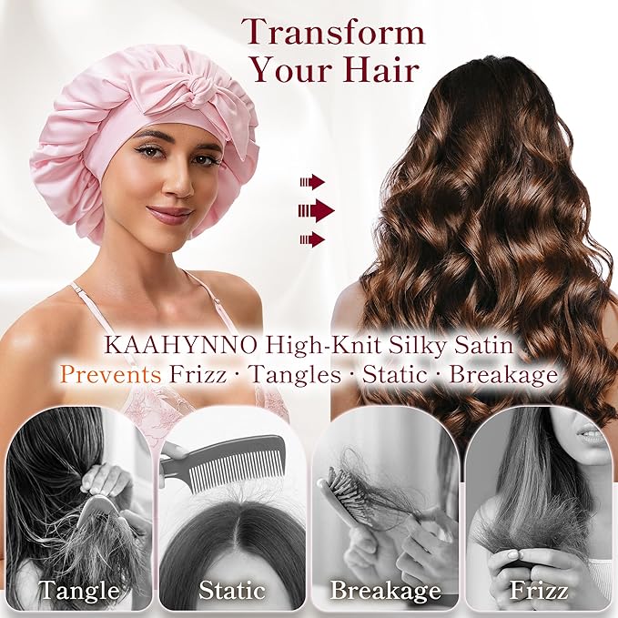 Silk Satin Bonnet Hair Wrap for Sleeping Women, Adjustable Tie Band Double Layer Sleep Night Head Cover for Curly Braid Fine