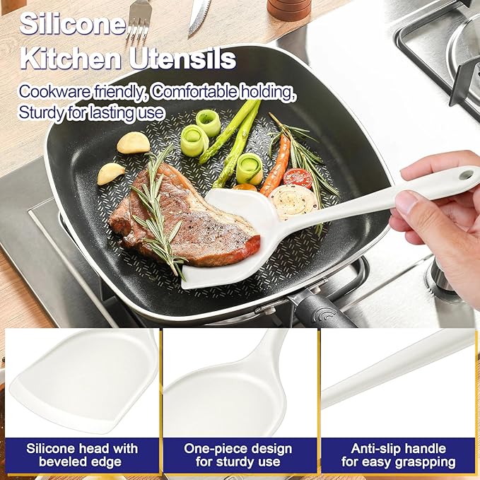 P&P CHEF Kitchen Utensil Set, 4 Pieces Non-stick Silicone Cooking Utensils, Heat-resistant Slotted Solid Spoon Turner for Frying, Mixing, Serving, Non-toxic & Easy to Clean, White