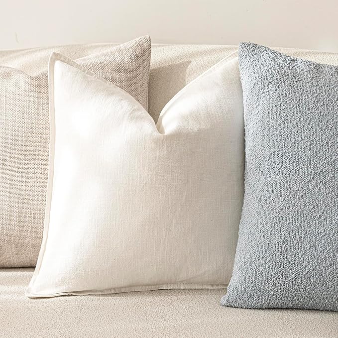 Foindtower Pack of 2, Decorative Linen Soild Throw Pillow Covers Soft Accent Cushion Case Boho Farmhouse Neutral Pillowcase for Chair Couch Sofa Bedroom Living Room Home Decor 20 x 20 Inch Cream White
