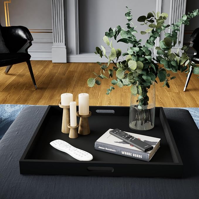 Hanobe Ottoman Tray for Living Room: Modern Extra Large Black Serving Decorative Trays with Cutout Handles for Coffee Table Home Decor, 20"