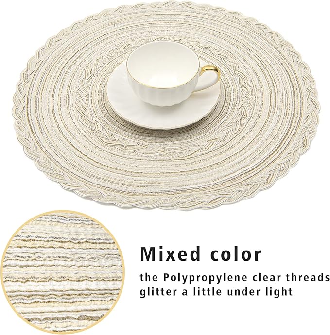SHACOS Round Placemats Set of 6 Boho Braided Bordered Placemats 15 inch for Dining Tables Wedding Holiday Party (Ivory Bordered, 6)