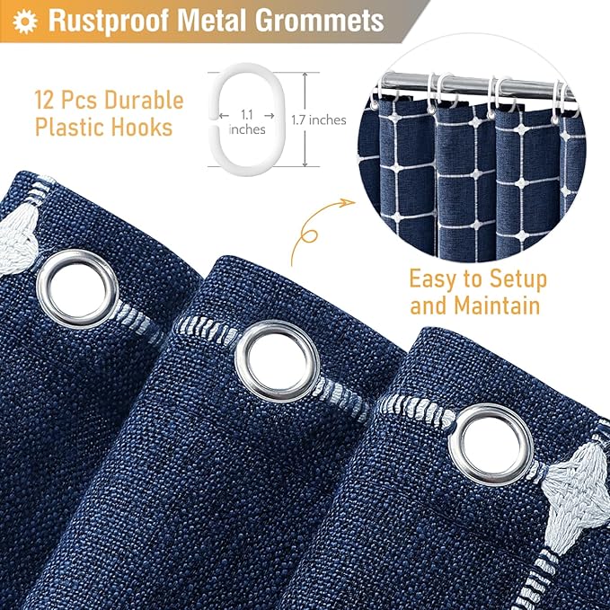 BTTN Boho Farmhouse Shower Curtain - Linen Rustic Heavy Duty Fabric Shower Curtain Set with Tassel, Water Repellent, Bohemian Vintage Country Thick Cloth Shower Curtains for Bathroom, Navy Blue, 72x72