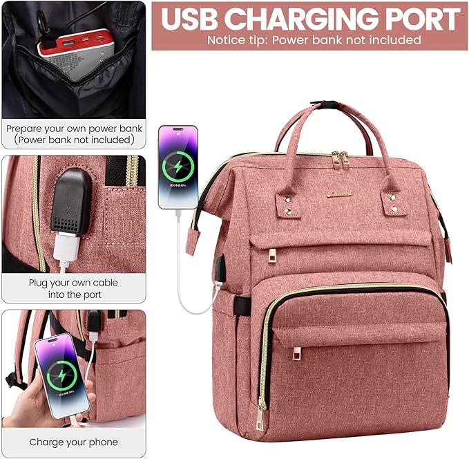 LOVEVOOK Laptop Backpack for Women, 15.6 Inch Professional Womens Travel Backpack Purse Computer Bag, Waterproof College Work Bag Carry On with USB Port, Light-pink