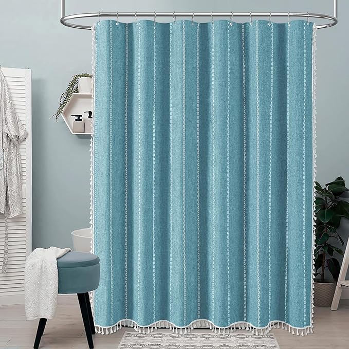 BTTN Extra Long Shower Curtain, 72x84 Boho Rustic Striped Linen Fabric Shower Curtain Set with Tassel, Tall Farmhouse Luxury Water Resistant Cloth Shower Curtain for Bathroom with Hooks, Teal