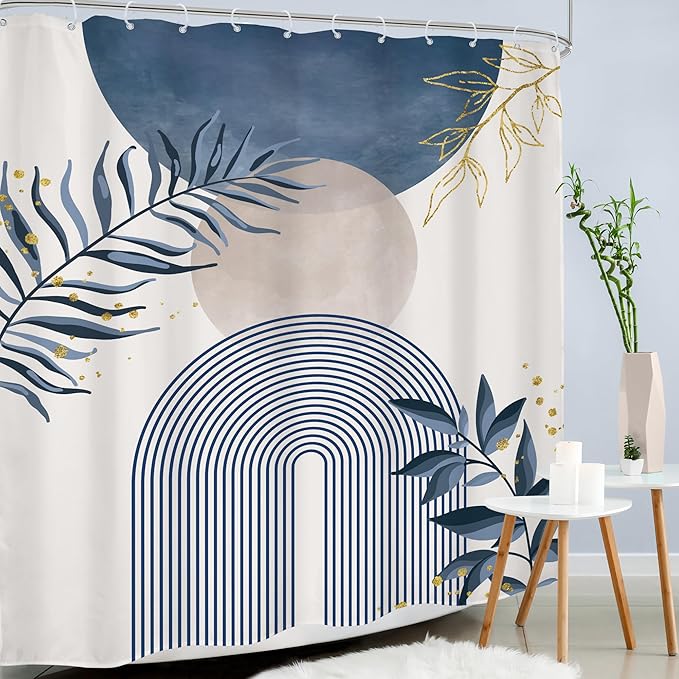 Blue Gray Boho Shower Curtain 72Wx84H Extra Long Dusty Blue Modern Bohemian Abstract Gold Leaf Mid Century Plant Bathroom Decor Minimalist Geometric Bath Curtain Fabric Polyester 12 Pack Hooks
