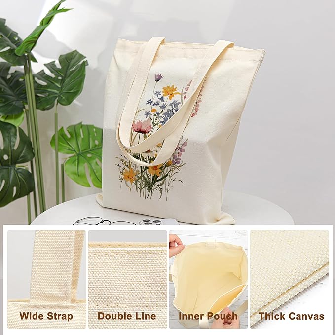 Tote Bag for Women, Canvas Tote Bag with Pockets,Canvas Shopping Bags,Reusable Grocery Bags