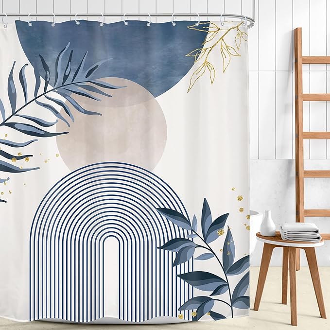 Navy Blue Boho Shower Curtain 72Wx78H Grey Modern Bohemian Abstract Leaves Plant Botanical Mid Century Minimalist Bathroom Decor Geometric Neutral Bath Curtain Fabric Polyester 12 Pack Hooks