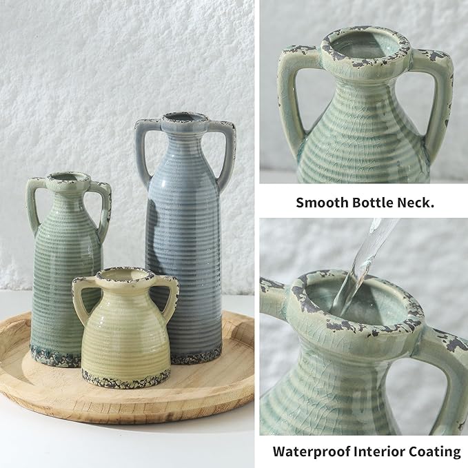 Ceramic Vase Set of 3 with Handles - Farmhouse Vase Set for Modern Decoration, Rustic Crackle Round Vases for Home Decor, Dining Table, Living Room, Kitchen, Office, Shelf - Multicolor