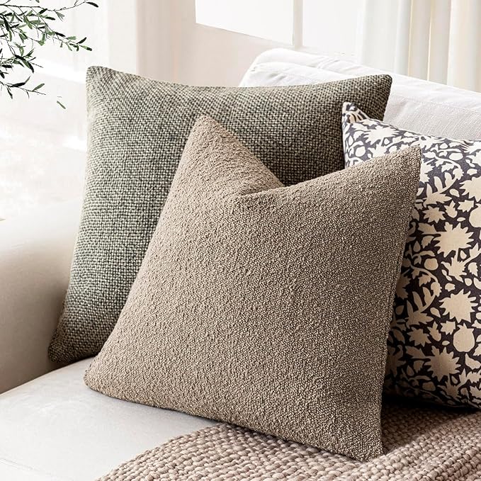 Foindtower Set of 2, Decorative Textured Boucle Throw Pillow Covers Accent Solid Pillow Cases Neutral Cozy Couch Cushion Case for Chair Sofa Bedroom Living Room Home Decor 24x24 Inch Light Khaki Tan