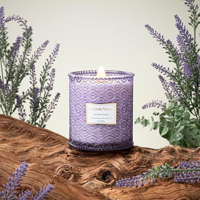 LA JOLIE MUSE Lavender Candle, 19 oz Wood Wicked Candles for Home Scented, Large Soy Candles for Women, 90 Hours Long Burning, Lavender Suede