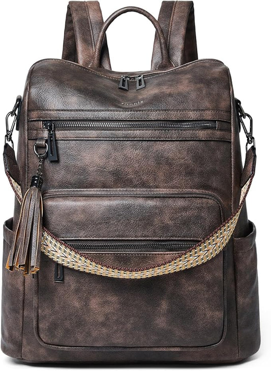 Shrrie 15.6 inch Laptop Backpack for Women,Large Leather Backpack Purse,Travel,Carry on,Water Resistant Casual Laptop Backpacks,College Backpack,Work Backpack for Women,Two-toned Coffee