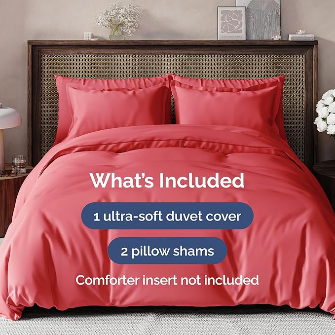 Duvet Cover Full Size Set - Extra Soft Full Size Duvet Cover 80 x 90 with 2 Pillow Shams - Hotel Luxury Quality Easy Care and Fade Free w/Zipper Closures & Ties - Comfy Breathable Bedding Set (Red)
