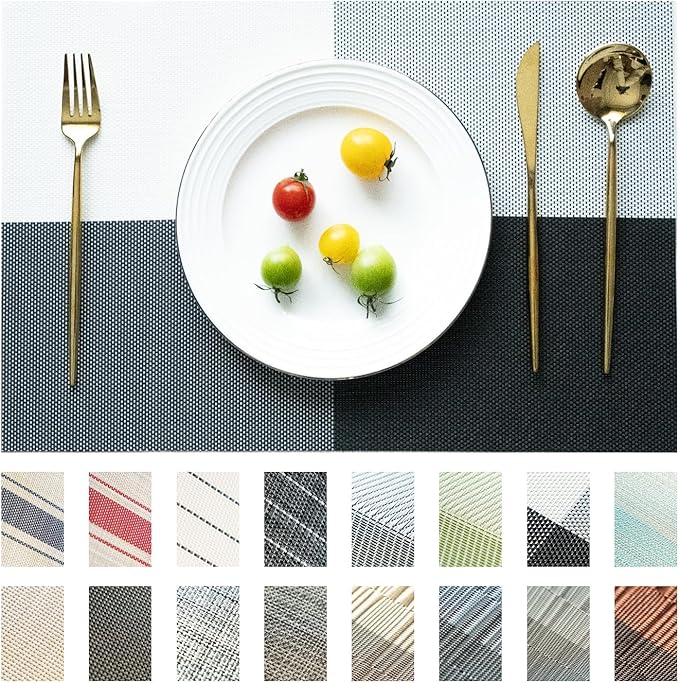 Placemats Set of 8 Vinyl/Plastic Woven Place Mats for Kitchen Table Indoor/Outdoor Washable Placemat Wipeable Dining Table Mats (Grey Grid,8)