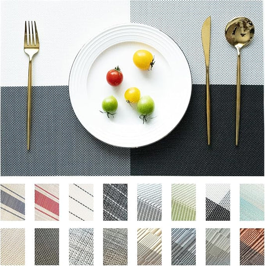 Placemats Set of 8 Vinyl/Plastic Woven Place Mats for Kitchen Table Indoor/Outdoor Washable Placemat Wipeable Dining Table Mats (Grey Grid,8)