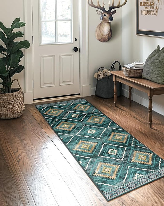 Area Rug 2x6 Rug Machine Washable Non-Slip Low Pile Print Pattern Western Rug for Living Room Bedroom Entryway Tribal Series -Teal/Green