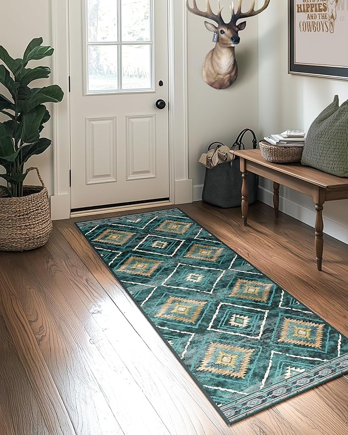 Area Rug 2x10 Rug Machine Washable Non-Slip Low Pile Print Pattern Western Rug for Living Room Bedroom Entryway Tribal Series -Teal/Green