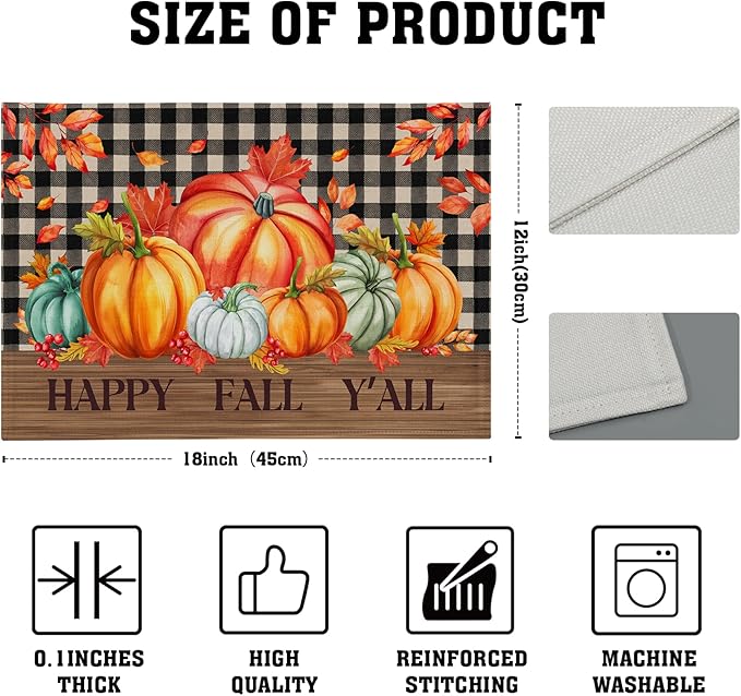 Giwawa Happy Fall Y'all Placemats Set of 4 Colorful Autumn Thanksgiving Pumpkins Leaves Decorative Linen Table Mat 12x18in Black Buffalo Plaids Non Slip Place Mat for Kitchen Dining Party Holiday