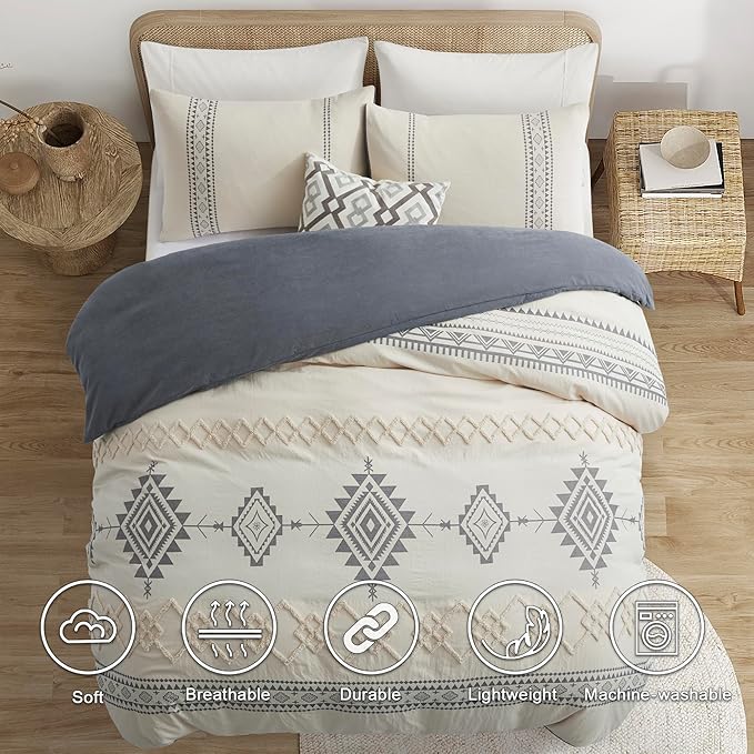 Oli Anderson Boho Duvet Cover Set Queen Size, Beige and Gray Color Clash 3 Pieces Microfiber Bedding Set, Durable and Super Soft Duvet Covers with Zipper and Ties, 90"*90"