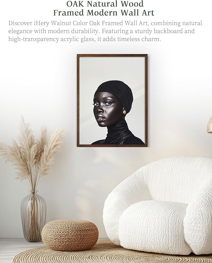 iHery Natural OAK Wood Fashion Black Girl Walnut Color Framed Wall Art, 12x16 in Black and White Modern Hijabi Canvas Wall Decor, Trendy Afro Art For Bedroom Bathroom Living Room 1Pack