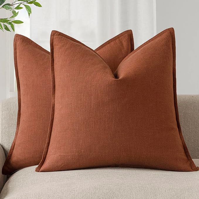 Foindtower Pack of 2, Decorative Linen Soild Throw Pillow Covers Soft Accent Cushion Case Farmhouse Neutral Pillowcase for Chair Couch Sofa Bedroom Living Room Home Decor 22 x 22 Inch Fall Rust Orange