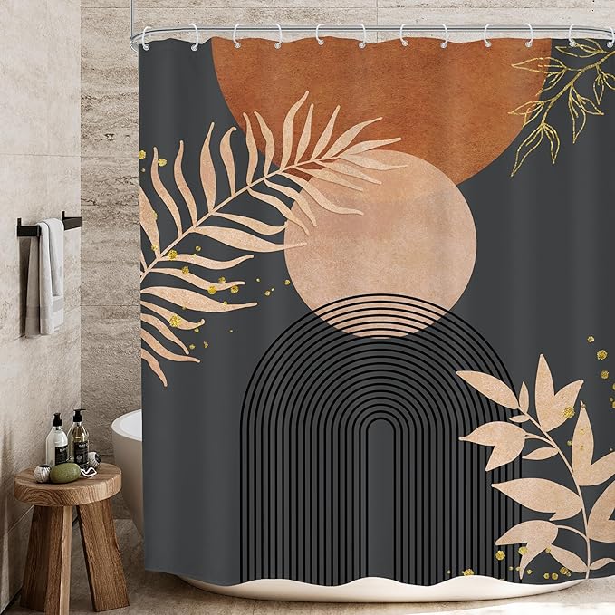 Dark Grey Brown Boho Modern Shower Curtain Mid Century Abstract Minimalist Burnt Orange Gold Leaf Arch Geometric Plant Neutral Bathroom Decor 60Wx72H Bath Curtain Fabric Polyester 12 Pack Hook