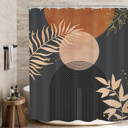Dark Grey Brown Boho Modern Shower Curtain Mid Century Abstract Minimalist Burnt Orange Gold Leaf Arch Geometric Plant Neutral Bathroom Decor 60Wx72H Bath Curtain Fabric Polyester 12 Pack Hook