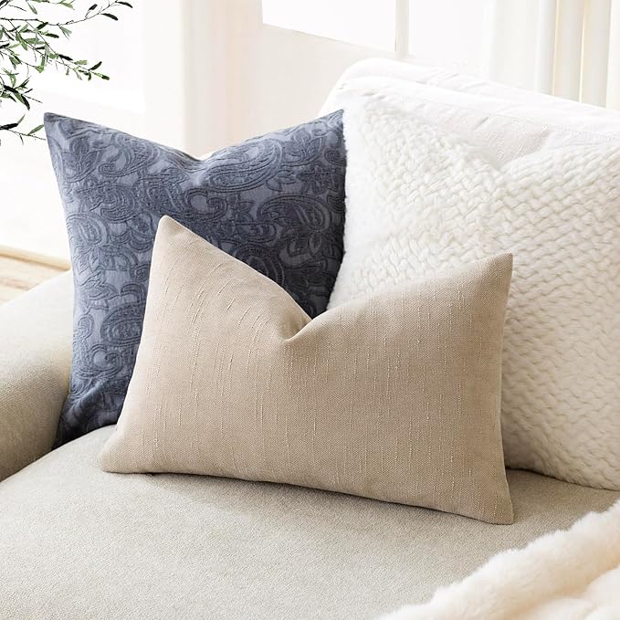 Foindtower Pack of 2 Soft Textured Chenille Throw Decorative Pillow Covers Lumbar Accent Solid Cushion Cover Cozy Neutral Farmhouse Pillow Case for Couch Sofa Bedroom Living Room 12x24 Inch, Beige