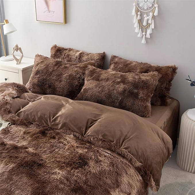 MorroMorn 5 PCS Shaggy Duvet Cover Bedding Set - Fluffy Comforter Cover Long Faux Fur Luxury Ultra Soft Cozy (Marble Brown, Full/Queen)