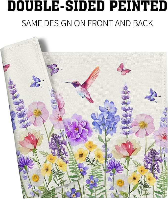 Giwawa Hummingbird Flower Placemats Set of 4, 12"x18" Watercolor Spring Herb Floral Table Mats, Wildflower Botanical Stain Resistant Washable Linen Place Mat for Kitchen Dining Party Decor