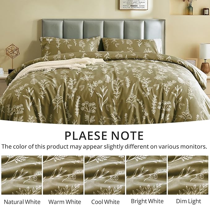 MUXHOMO Duvet Cover Queen Size, Reversible Floral Olive Green Duvet Cover Set with Zipper Closure, 3 Pieces Botanical Patterns Soft Microfiber Bedding Set with 4 Ties (90"x90", 2 Pillow Cases)