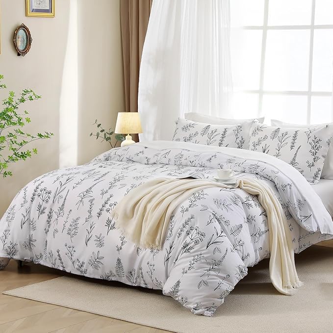 MUXHOMO Duvet Cover Queen Size, Reversible Floral White Duvet Cover Set with Zipper Closure, 3 Pieces Botanical Patterns Soft Microfiber Bedding Set with 4 Ties (90"x90", 2 Pillow Cases)