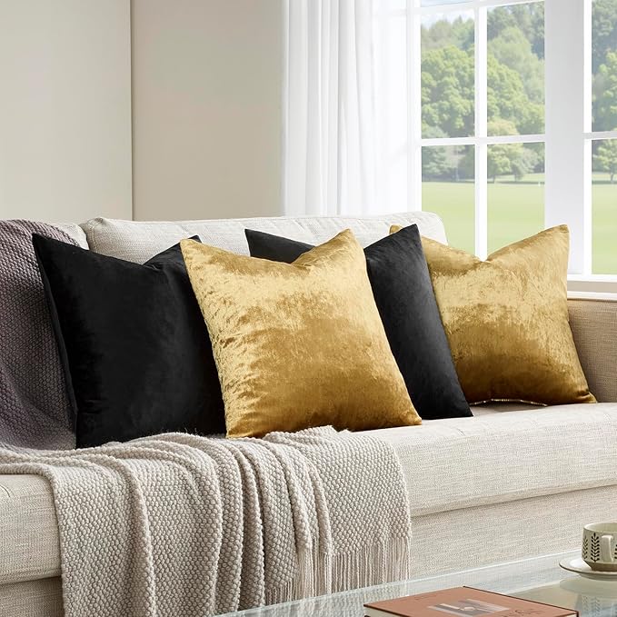 GIGIZAZA Decorative Throw Pillow Covers 18 x 18,Gold Black Soft, Set of 4 Square Velvet Cushion Covers