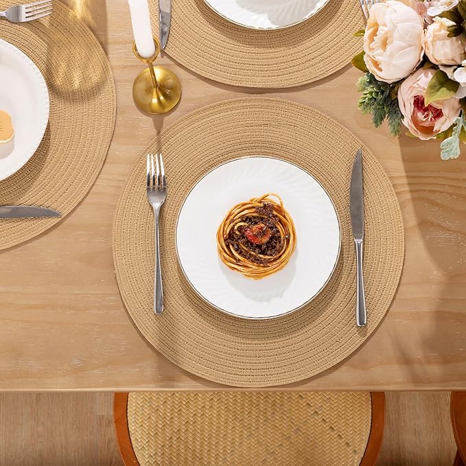 SHACOS 15 inch Round Braided Placemats Set of 6 Non Slip Heat Resistant Round Table Mats Fabric Place Mats for Dinner Party Table Decoration (Camel, 6)