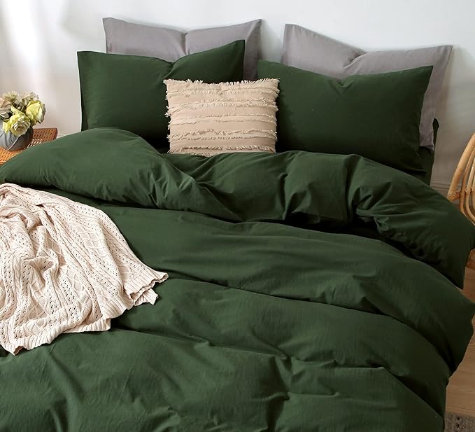 MooMee Bedding Duvet Cover Set 100% Washed Cotton Linen Like Textured Breathable Durable Soft Comfy (Solid Forest Green, Palatial King/Oversized King 120"x98")