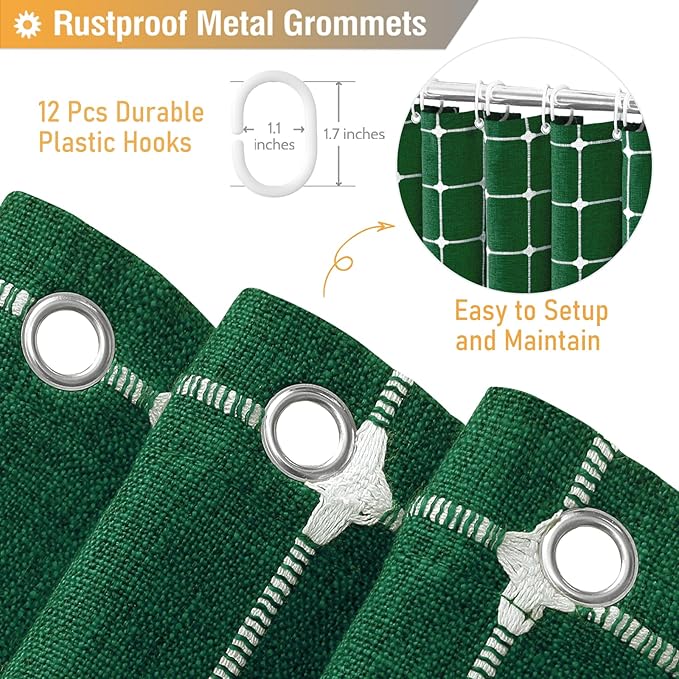 BTTN Boho Farmhouse Shower Curtain - Linen Rustic Heavy Duty Fabric Shower Curtain Set with Tassel, Water Repellent, Bohemian Vintage Country Cloth Shower Curtains for Bathroom, Emerald Green, 72x72