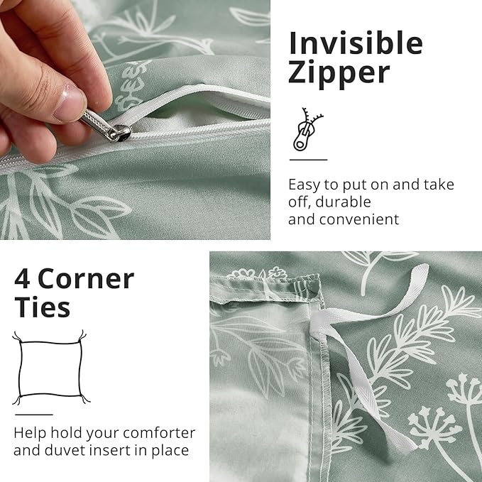 MUXHOMO Duvet Cover Full Size, Reversible Floral Green Duvet Cover Set with Zipper Closure, 3 Pieces Botanical Patterns Soft Microfiber Bedding Set with 4 Ties (80"x90", 2 Pillow Cases)