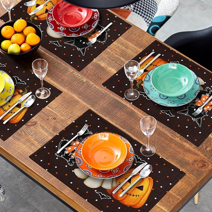 Giwawa Halloween Placemats Set of 4 Spooky Pumpkin Ghost Black Cat Bats Place Mat 12x18inch for Kitchen Tabletop Indoor Outdoor Non Slip Heat Resistant Table Mats for Dining Holiday Decor